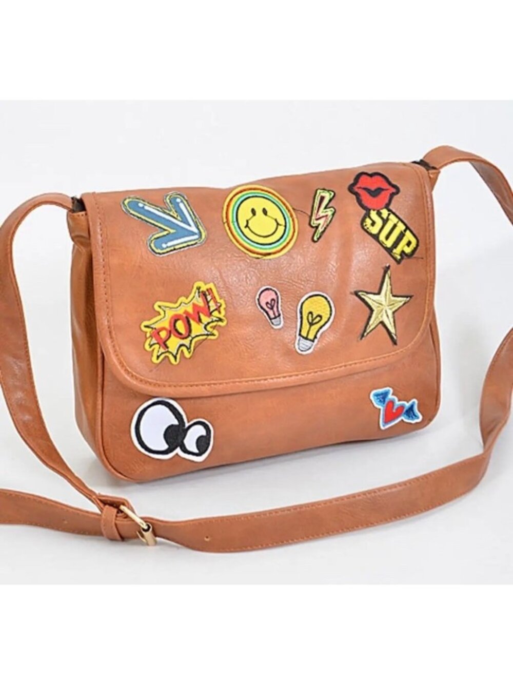 Hello 3AM Brown Faux Leather Satchel Crossbody Bag Patches Star Smiley Face Lips